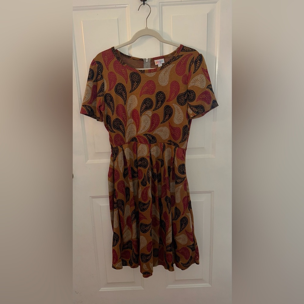 LuLaRoe Mustard Paisley Midi Dress with Red and Black Motif